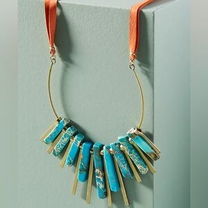 Anthropologie Fanned U-Shaped Turquoise Pendant Leather Strap Necklace